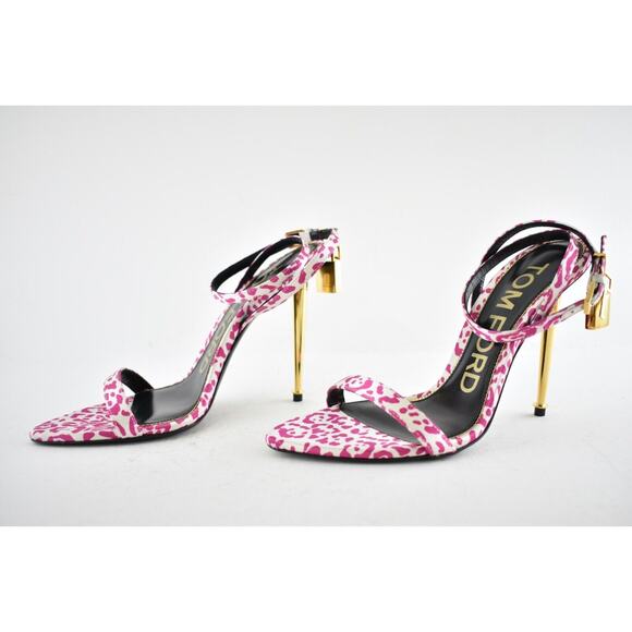 Tom Ford Padlock Pink White Animal Print Lock Ankle Strap Sandal Heel Pump 37.5 - Picture 10 of 12